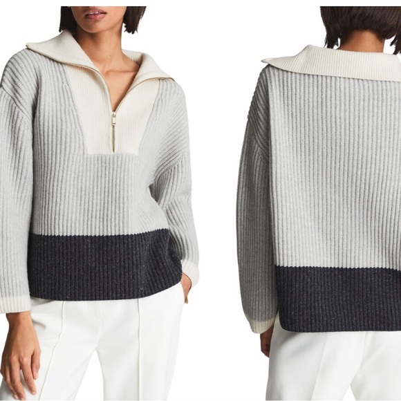 Reiss Jackie Colorblock Half Zip Wool Blend Sweater M - Picture 1 of 11